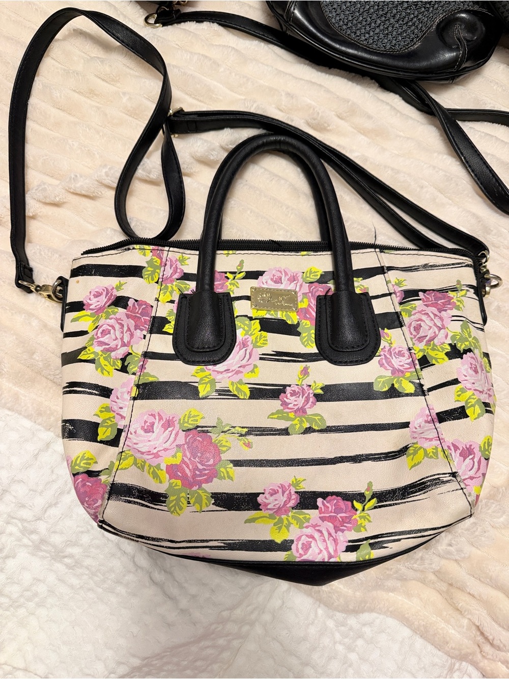 Betsey Johnson Pink Floral Striped Tote with Black Trim